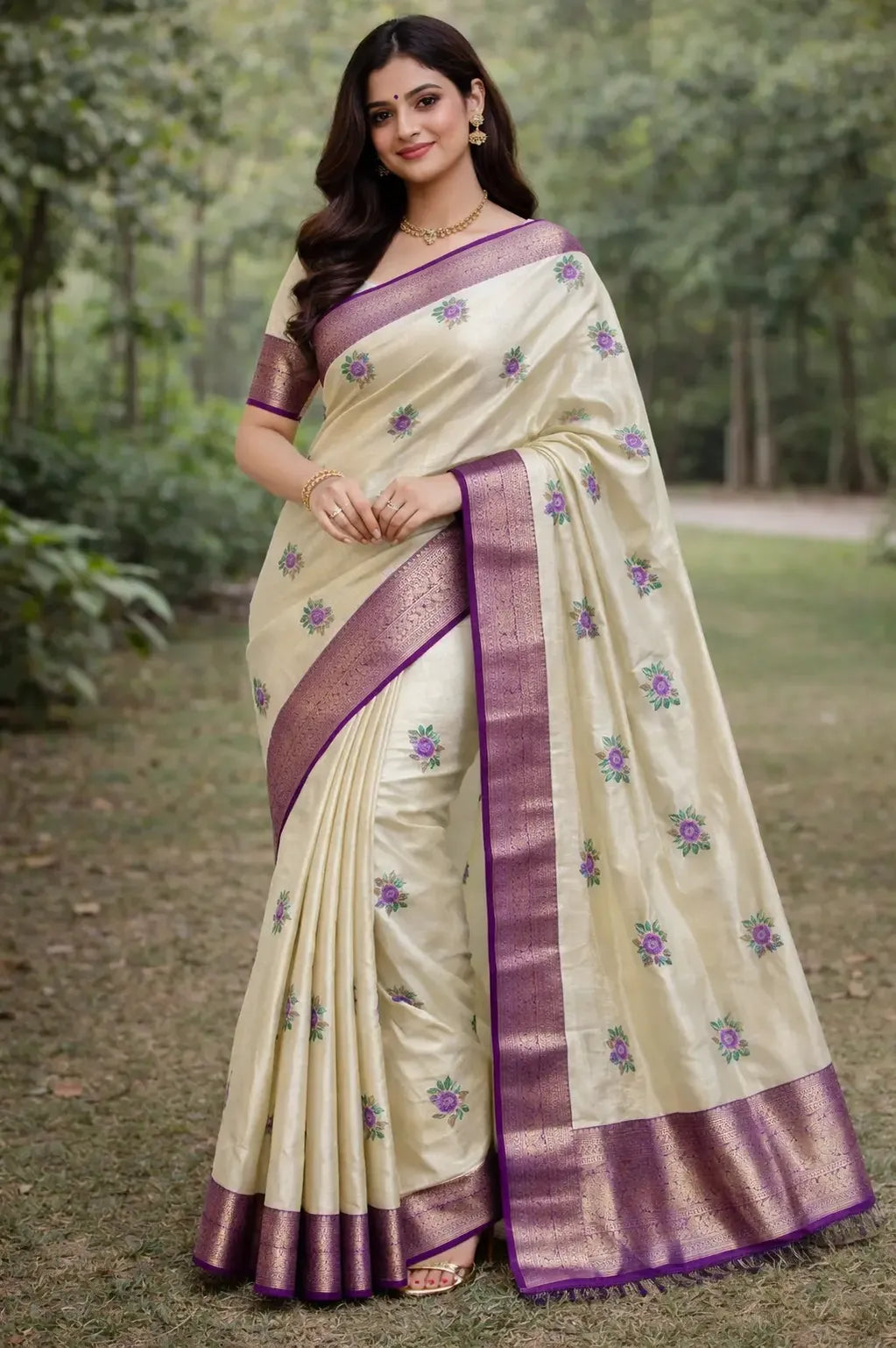 Elegant Cream Silk Saree with Purple Zari Border & Floral Weaving