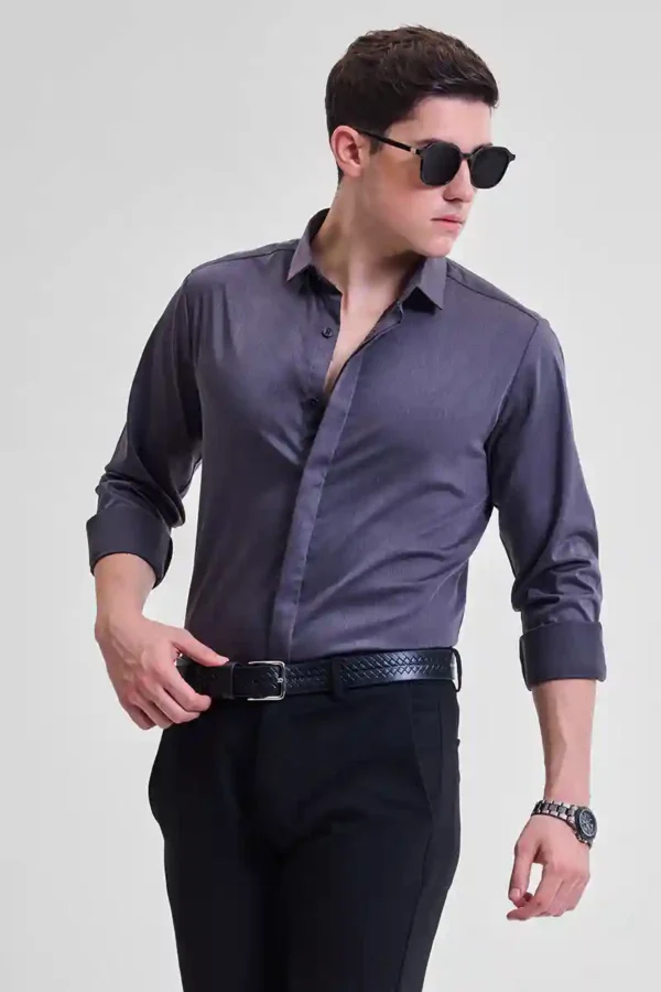 Dark Grey Solid Concealed Placket Shirt
