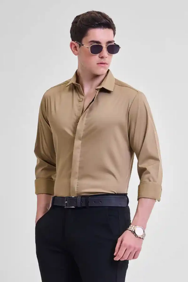 Light Brown Solid Concealed Placket Shirt